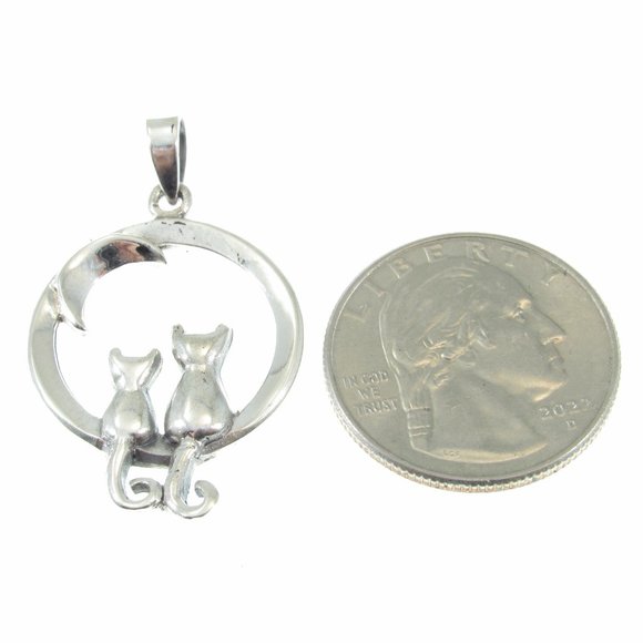 Solid 925 Sterling Silver Pair of Cats and Crescent Moon Pendant Cat Lady Gift - Picture 4 of 8